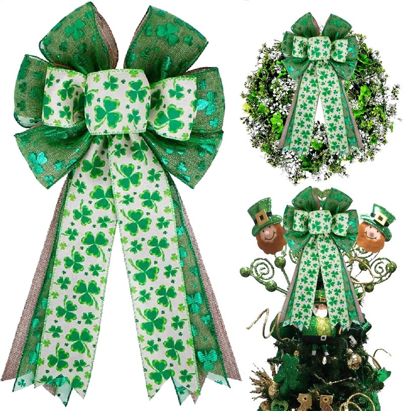 Hongsome St Patricks Day Bow for Wreath Decorations,St Patricks Day Tree Topper Bows,Large Burlap White Green Glitter Shamrock Bowknot Irish Holiday Crafts Bows for Front Door Outdoor Outside - Image 1